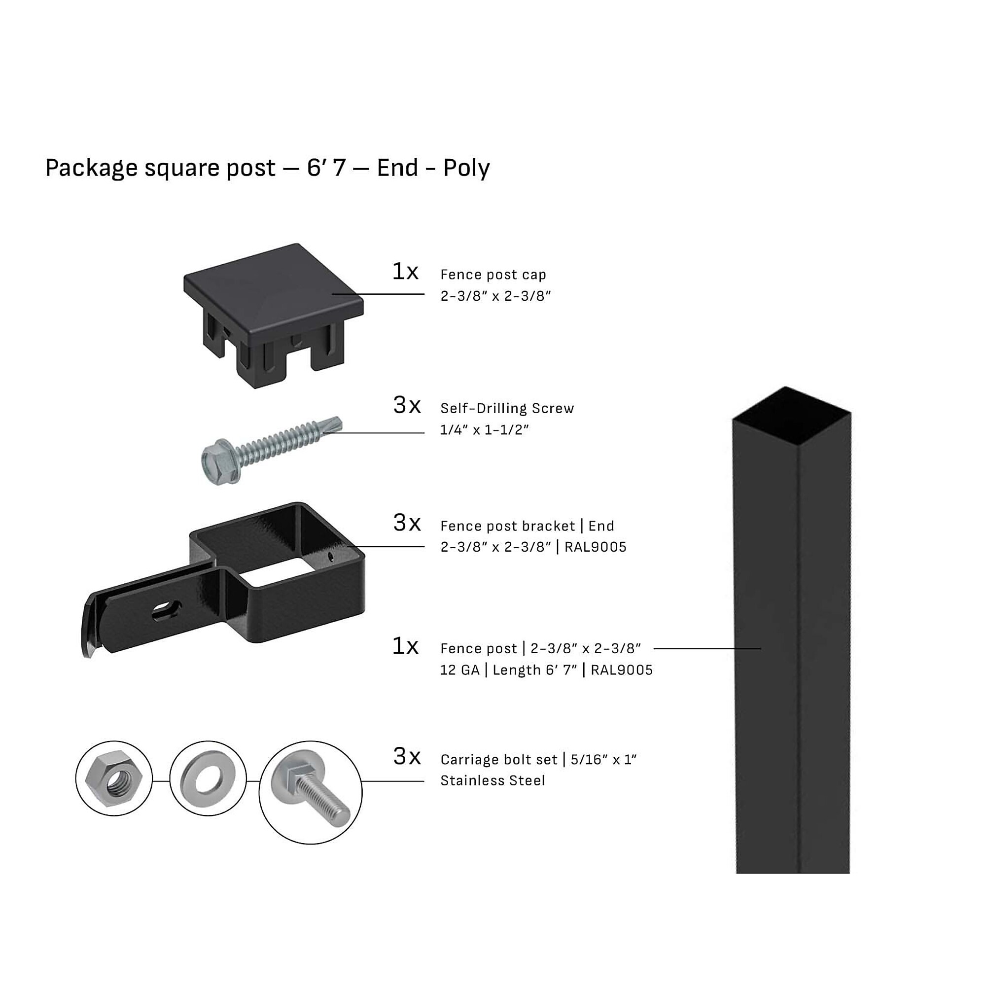 Tarter Square Steel End Fence Post — 2-3/8in. x 6ft. x 7ft., Black, Poly Cap, 12-Ga., Model# 2001000